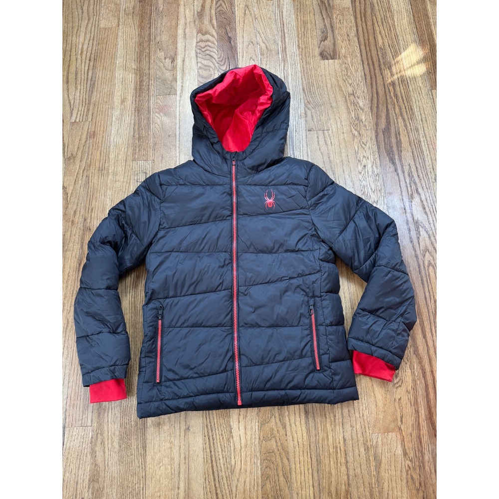 Spyder Boys Black Red Puffer Jacket Hooded Insulated Winter Coat Size M 10/12